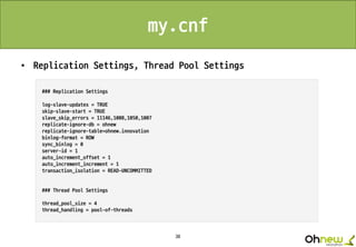 38
my.cnf
• Replication Settings, Thread Pool Settings
 