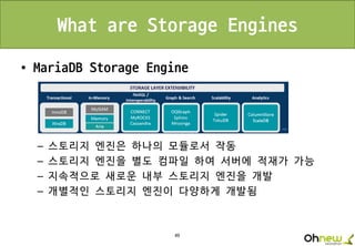 49
What are Storage Engines
• MariaDB Storage Engine
– 스토리지 엔진은 하나의 모듈로서 작동
– 스토리지 엔진을 별도 컴파일 하여 서버에 적재가 가능
– 지속적으로 새로운 내부 스토리지 엔진을 개발
– 개별적인 스토리지 엔진이 다양하게 개발됨
 