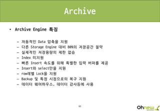 61
Archive
• Archive Engine 특징
– 자동적인 Data 압축을 지원
– 다른 Storage Engine 대비 80%의 저장공간 절약
– 실제적인 저장용량의 제한 없슴
– Index 미지원
– 빠른 Insert 속도를 위해 특별한 입력 버퍼를 제공
– Insert와 select만을 지원
– row레벨 Lock을 지원
– Backup 및 특정 시점으로의 복구 지원
– 데이터 웨어하우스, 데이터 감사등에 사용
 