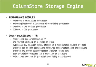 86
ColumnStore Storage Engine
• PERFORMANCE MODULES
– PrimProc : Primitives Processor
– WriteEngineServer : Database file writing processor
– DMLProc : DML writes processor
– DDLProc : DDL processor
• QUERY PROCESSING - PM
– Primitives are processed on PM
– One thread working on a range of rows
– Typically 1/2 million rows, stored in a few hundred blocks of data
– Execute all column operations required (restriction and projection)
– Execute any group by/aggregation against local data
– Each primitive executes in a fraction of a second
– Primitives are run in parallel and fully distributed
 