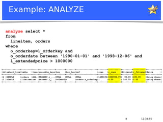 12:38:558
Example: ANALYZE
analyze select *
from
lineitem, orders
where
o_orderkey=l_orderkey and
o_orderdate between '1990-01-01' and '1998-12-06' and
l_extendedprice > 1000000
+--+-----------+--------+----+-------------+-------+-------+-----------------+-------+----------+--------+----------+-----------+
|id|select_type|table |type|possible_keys|key |key_len|ref |rows |r_rows |filtered|r_filtered|Extra |
+--+-----------+--------+----+-------------+-------+-------+-----------------+-------+----------+--------+----------+-----------+
|1 |SIMPLE |orders |ALL |PRIMARY,i_...|NULL |NULL |NULL |1498194|1500000.00| 50.00 |100.00 |Using where|
|1 |SIMPLE |lineitem|ref |PRIMARY,i_...|PRIMARY|4 |orders.o_orderkey|1 |4.00 | 100.00 |0.00 |Using where|
+--+-----------+--------+----+-------------+-------+-------+-----------------+-------+----------+--------+----------+-----------+
 