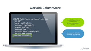 MariaDB ColumnStore
MariaDB ColumnStore
uses standard
“Engine=columnstore”
syntax
mysql> use tpcds_djoshi
Database changed
mysql> select count(*) from store_sales;
+----------+
| count(*) |
+----------+
| 2880404 |
+----------+
1 row in set (1.68 sec)
mysql> describe warehouse;
+-------------------+--------------+------+-----+---------+-------+
| Field | Type | Null | Key | Default | Extra |
+-------------------+--------------+------+-----+---------+-------+
| w_warehouse_sk | int(11) | NO | | NULL | |
| w_warehouse_id | char(16) | NO | | NULL | |
| w_warehouse_name | varchar(20) | YES | | NULL | |
| w_warehouse_sq_ft | int(11) | YES | | NULL | |
| w_street_number | char(10) | YES | | NULL | |
| w_street_name | varchar(60) | YES | | NULL | |
| w_street_type | char(15) | YES | | NULL | |
| w_suite_number | char(10) | YES | | NULL | |
| w_city | varchar(60) | YES | | NULL | |
| w_county | varchar(30) | YES | | NULL | |
| w_state | char(2) | YES | | NULL | |
| w_zip | char(10) | YES | | NULL | |
| w_country | varchar(20) | YES | | NULL | |
| w_gmt_offset | decimal(5,2) | YES | | NULL | |
+-------------------+--------------+------+-----+---------+-------+
14 rows in set (0.05 sec)
CREATE TABLE `game_warehouse`.`dim_title` (
`id` INT,
`name` VARCHAR(45),
`publisher` VARCHAR(45),
`release_date` DATE,
`language` INT,
`platform_name` VARCHAR(45),
`version` VARCHAR(45)
) ENGINE=columnstore;
Uses custom scalable
columnar architecture
 