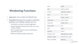 MAX RANK
MIN DENSE_RANK
COUNT PERCENT_RANK
SUM NTH_VALUE
AVG FIRST_VALUE
VARIANCE LAST_VALUE
VAR_POP CUME_DIST
VAR_SAMP LAG
STD LEAD
STDDEV NTILE
STDDEV_POP PERCENTILE_CONT
STDDEV_SAMP PERCENTILE_DISC
ROW_NUMBER MEDIAN
• Aggregate over a series of related rows
• Simplified function for complex statistical
analytics over sliding window per row
- Cumulative, moving or centered aggregates
- Simple Statistical functions like rank, max, min,
average, median
- More complex functions such as distribution,
percentile, lag, lead
- Without running complex sub-queries
Windowing Functions
 