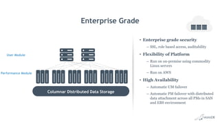 Enterprise Grade
• Enterprise grade security
– SSL, role based access, auditability
• Flexibility of Platform
– Run on on-premise using commodity
Linux servers
– Run on AWS
• High Availability
– Automatic UM failover
– Automatic PM failover with distributed
data attachment across all PMs in SAN
and EBS environment
User Module
Performance Module
Columnar Distributed Data Storage
 