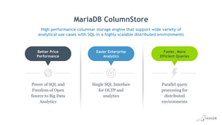 MariaDB ColumnStore
High performance columnar storage engine that support wide variety of
analytical use cases with SQL in a highly scalable distributed environments
Parallel query
processing for
distributed
environments
Faster, More
Efficient Queries
Single SQL Interface
for OLTP and
analytics
Easier Enterprise
Analytics
Power of SQL and
Freedom of Open
Source to Big Data
Analytics
Better Price
Performance
 