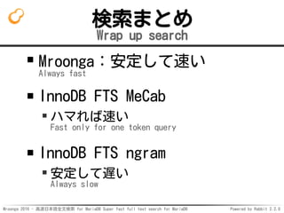 Mroonga 2016 - 高速日本語全文検索 for MariaDB Super fast full text search for MariaDB Powered by Rabbit 2.2.0
検索まとめ
Wrap up search
Mroonga：安定して速い
Always fast
InnoDB FTS MeCab
ハマれば速い
Fast only for one token query
InnoDB FTS ngram
安定して遅い
Always slow
 