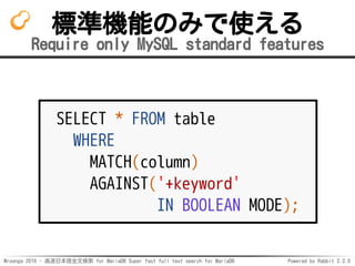 Mroonga 2016 - 高速日本語全文検索 for MariaDB Super fast full text search for MariaDB Powered by Rabbit 2.2.0
標準機能のみで使える
Require only MySQL standard features
SELECT * FROM table
WHERE
MATCH(column)
AGAINST('+keyword'
IN BOOLEAN MODE);
 