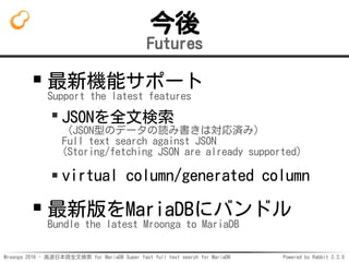 Mroonga 2016 - 高速日本語全文検索 for MariaDB Super fast full text search for MariaDB Powered by Rabbit 2.2.0
今後
Futures
最新機能サポート
Support the latest features
JSONを全文検索
（JSON型のデータの読み書きは対応済み）
Full text search against JSON
(Storing/fetching JSON are already supported)
virtual column/generated column
最新版をMariaDBにバンドル
Bundle the latest Mroonga to MariaDB
 
