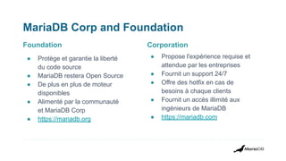 MariaDB Corp and Foundation
● Protège et garantie la liberté
du code source
● MariaDB restera Open Source
● De plus en plus de moteur
disponibles
● Alimenté par la communauté
et MariaDB Corp
● https://mariadb.org
Foundation
● Propose l'expérience requise et
attendue par les entreprises
● Fournit un support 24/7
● Offre des hotfix en cas de
besoins à chaque clients
● Fournit un accès illimité aux
ingénieurs de MariaDB
● https://mariadb.com
Corporation
 