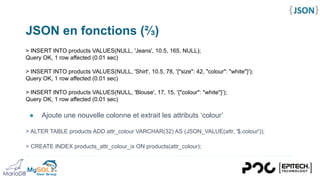 JSON en fonctions (⅔)
● Ajoute une nouvelle colonne et extrait les attributs ‘colour’
> ALTER TABLE products ADD attr_colour VARCHAR(32) AS (JSON_VALUE(attr, '$.colour'));
> CREATE INDEX products_attr_colour_ix ON products(attr_colour);
> INSERT INTO products VALUES(NULL, 'Jeans', 10.5, 165, NULL);
Query OK, 1 row affected (0.01 sec)
> INSERT INTO products VALUES(NULL, 'Shirt', 10.5, 78, '{"size": 42, "colour": "white"}');
Query OK, 1 row affected (0.01 sec)
> INSERT INTO products VALUES(NULL, 'Blouse', 17, 15, '{"colour": "white"}');
Query OK, 1 row affected (0.01 sec)
 