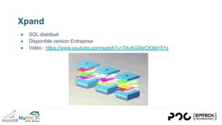 Xpand
● SQL distribué
● Disponible version Entreprise
● Vidéo : https://www.youtube.com/watch?v=TAvKGl0eCKI&t=51s
 