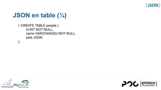 JSON en table (¾)
> UPDATE people
SET
pets = JSON_INSERT(pets, '$[0].favorite_foods',
JSON_ARRAY('chicken', 'salmon', 'car...