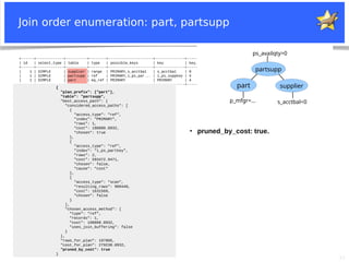 32
+------+-------------+----------+--------+---------------------+--------------+---------+---------------------+------+-----------------------+
| id | select_type | table | type | possible_keys | key | key_len | ref | rows | Extra |
+------+-------------+----------+--------+---------------------+--------------+---------+---------------------+------+-----------------------+
| 1 | SIMPLE | supplier | range | PRIMARY,s_acctbal | s_acctbal | 9 | NULL | 886 | Using index condition |
| 1 | SIMPLE | partsupp | ref | PRIMARY,i_ps_par... | i_ps_suppkey | 4 | supplier.s_suppkey | 45 | Using where |
| 1 | SIMPLE | part | eq_ref | PRIMARY | PRIMARY | 4 | partsupp.ps_partkey | 1 | Using where |
+------+-------------+----------+--------+---------------------+--------------+---------+---------------------+------+-----------------------+
Join order enumeration: part, partsupp
part
partsupp
supplier
p_mfgr=... s_acctbal<0
ps_availqty>0
{
"plan_prefix": ["part"],
"table": "partsupp",
"best_access_path": {
"considered_access_paths": [
{
"access_type": "ref",
"index": "PRIMARY",
"rows": 1,
"cost": 198088.8932,
"chosen": true
},
{
"access_type": "ref",
"index": "i_ps_partkey",
"rows": 2,
"cost": 593472.9471,
"chosen": false,
"cause": "cost"
},
{
"access_type": "scan",
"resulting_rows": 909440,
"cost": 1631569,
"chosen": false
}
],
"chosen_access_method": {
"type": "ref",
"records": 1,
"cost": 198088.8932,
"uses_join_buffering": false
}
},
"rows_for_plan": 197805,
"cost_for_plan": 279230.8932,
"pruned_by_cost": true
}
●
pruned_by_cost: true.
 