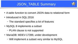29
JSON_TABLE Summary
●
A table function to convert JSON data to relational form
●
Introduced in SQL:2016
– The standard s...