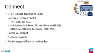 Connect
●
ETL : Extract Transform Load
●
Lecture / Ecriture / MAJ
– TXT, DBF, INI, XML
– MS Access, MS Excel, TBL (similaire à MERGE)
– ODBC, MySQL,SQLite, Oracle, DB2, WMI...
●
Locale ou distant
●
Custom possible
●
Accès en parallèle sur multitables
 