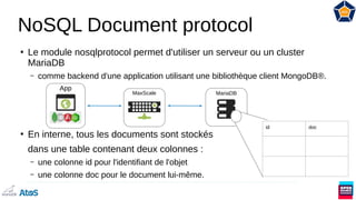 NoSQL Document protocol
●
Le module nosqlprotocol permet d'utiliser un serveur ou un cluster
MariaDB
– comme backend d'une application utilisant une bibliothèque client MongoDB®.
●
En interne, tous les documents sont stockés
dans une table contenant deux colonnes :
– une colonne id pour l'identifiant de l'objet
– une colonne doc pour le document lui-même.
MariaDB
MaxScale
App
id doc
 