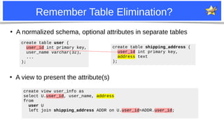 17
Remember Table Elimination?
●
A normalized schema, optional attributes in separate tables
create table user (
user_id int primary key,
user_name varchar(32),
...
);
create view user_info as
select U.user_id, user_name, address
from
user U
left join shipping_address ADDR on U.user_id=ADDR.user_id;
●
A view to present the attribute(s)
create table shipping_address (
user_id int primary key,
address text
);
 