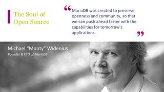 Michael “Monty” Widenius
The Soul of
Open Source
Founder & CTO of MariaDB
MariaDB was created to preserve
openness and community, so that
we can push ahead faster with the
capabilities for tomorrow’s
applications.
”
“
 