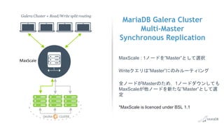 MariaDB Galera Cluster
Multi-Master
Synchronous Replication
Galera Cluster + Read/Write split routing
MaxScale : 1ノードを”Master”として選択
Writeクエリは”Master”にのみルーティlング
全ノードがMasterのため，1ノードダウンしても
MaxScaleが他ノードを新たな”Master”として選
定
*MaxScale is licenced under BSL 1.1
MaxScale
 