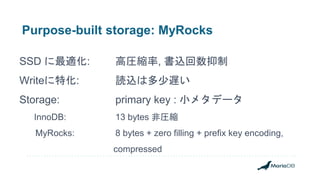 Purpose-built storage: MyRocks
SSD に最適化: 高圧縮率, 書込回数抑制
Writeに特化: 読込は多少遅い
Storage: primary key : 小メタデータ
InnoDB: 13 bytes 非圧縮
MyRocks: 8 bytes + zero filling + prefix key encoding,
compressed
 