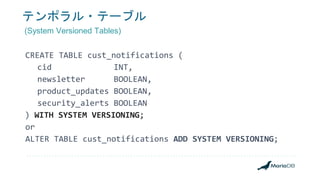 テンポラル・テーブル
CREATE TABLE cust_notifications (
cid INT,
newsletter BOOLEAN,
product_updates BOOLEAN,
security_alerts BOOLEAN
) WITH SYSTEM VERSIONING;
or
ALTER TABLE cust_notifications ADD SYSTEM VERSIONING;
(System Versioned Tables)
 