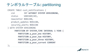 テンポラルテーブル: partitioning
CREATE TABLE cust_notifications (
cid INT WITHOUT SYSTEM VERSIONING,
status VARCHAR(10),
newsletter BOOLEAN,
product_updates BOOLEAN,
security_alerts BOOLEAN
) WITH SYSTEM VERSIONING
PARTITION BY SYSTEM_TIME INTERVAL 1 YEAR (
PARTITION p_year_one HISTORY,
PARTITION p_year_two HISTORY,
PARTITION p_year_three HISTORY,
PARTITION p_year_current CURRENT
);
 