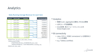 • Analytics
– 複雑な join, aggregation(集約), Window関数
– UDF(ユーザ定義関数)
– InnoDB等, 他ストレージエンジンとの
Cross Engine Join
• BI connectivity
– Java, C/C++, ODBC connectorsによる既存BIツ
ールとの連携
– e.g. Tableau (certified)
Analytics
Daily Running Average Revenue for each item
SELECT item_id, server_date, daily_revenue,
AVG(revenue) OVER
(PARTITION BY item_id ORDER BY server_date
RANGE INTERVAL '1' DAY PRECEDING ) running_avg
FROM web_item_sales
Item ID Server_date Revenue
1 02-01-2014 20,000.00
1 02-02-2014 5,001.00
2 02-01-2014 15,000.00
2 02-04-2014 34,029.00
2 02-05-2014 7,138.00
3 02-01-2014 17,250.00
3 02-03-2014 25,010.00
3 02-04-2014 21,034.00
3 02-05-2014 4,120.00
Running Average
20,000.00
12,500.50
15,000.00
34,209.00
20,583.50
17,250.00
250,100.00
12,577.00
20,583.50
 