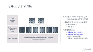 セキュリティ/HA
• エンタープライズセキュリティ
–SSL, Roleによりアクセス管理
• 柔軟なプラットフォーム選択
–オンプレミス
–クラウド
• 高可用性(HA)
–自動UM フェールオーバ
–自動PM フェールオーバ
(EBS, GlusterFS等
分散ファイルシステムによる)
Shared-Nothing Distributed Data Storage
Compressed by default
User
Module
(UM)
Performance
Module
(PM)
Data Storage
 