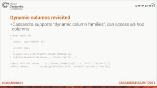 #CASSANDRA13
Dynamic columns revisited
*Cassandra supports “dynamic column families”, can access ad-hoc
columns
create table tbl
(
rowkey type PRIMARY KEY
column1 type,
...
dynamic_cols blob DYNAMIC_COLUMN_STORAGE=yes
) engine=cassandra keyspace=... column_family=...;
insert into tbl values (1, column_create('col1', 1, 'col2', 'value-2'));
select rowkey, column_get(dynamic_cols, 'uuidcol' as char) from tbl;
 