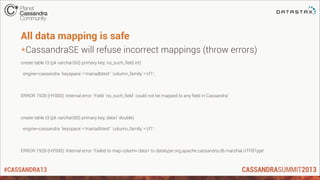 #CASSANDRA13
All data mapping is safe
*CassandraSE will refuse incorrect mappings (throw errors)
create table t3 (pk varchar(60) primary key, no_such_field int)
engine=cassandra `keyspace`='mariadbtest' `column_family`='cf1';
ERROR 1928 (HY000): Internal error: 'Field `no_such_field` could not be mapped to any field in Cassandra'
create table t3 (pk varchar(60) primary key, data1 double)
engine=cassandra `keyspace`='mariadbtest' `column_family`='cf1';
ERROR 1928 (HY000): Internal error: 'Failed to map column data1 to datatype org.apache.cassandra.db.marshal.UTF8Type'
 