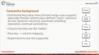 #CASSANDRA13
Cassandra background
*Distributed key/value store (limited range scan support),
optionally flexible schema (pre-defined “static” columns,
ad-hoc dynamic columns), automatic sharding/
replication, eventual consistency
*Column families are like “tables”
*Row key -> column mapping
*Supercolumns are not supported
 