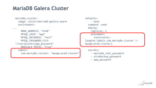 MariaDB Galera Cluster
mariadb_cluster:
image: alvinr/mariadb-galera-swarm
environment:
...
NODE_ADDRESS: "eth0"
MYSQL_USER: "app"
MYSQL_DATABASE: "test"
MYSQL_PASSWORD_FILE:
"/run/secrets/app_password"
MAXSCALE_PRIVS: "true"
labels:
com.mariadb.cluster: "myapp-prod-cluster"
networks:
- back
command: seed
deploy:
replicas: 1
placement:
constraints:
[engine.labels.com.mariadb.cluster !=
myapp-prod-cluster]
secrets:
- mariadb_root_password
- xtrabackup_password
- app_password
 