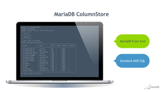 MariaDB ColumnStore
mysql> use tpcds_djoshi
Database changed
mysql> select count(*) from store_sales;
+----------+
| count(*) |
+----------+
| 2880404 |
+----------+
1 row in set (1.68 sec)
mysql> describe warehouse;
+-------------------+--------------+------+-----+---------+-------+
| Field | Type | Null | Key | Default | Extra |
+-------------------+--------------+------+-----+---------+-------+
| w_warehouse_sk | int(11) | NO | | NULL | |
| w_warehouse_id | char(16) | NO | | NULL | |
| w_warehouse_name | varchar(20) | YES | | NULL | |
| w_warehouse_sq_ft | int(11) | YES | | NULL | |
| w_street_number | char(10) | YES | | NULL | |
| w_street_name | varchar(60) | YES | | NULL | |
| w_street_type | char(15) | YES | | NULL | |
| w_suite_number | char(10) | YES | | NULL | |
| w_city | varchar(60) | YES | | NULL | |
| w_county | varchar(30) | YES | | NULL | |
| w_state | char(2) | YES | | NULL | |
| w_zip | char(10) | YES | | NULL | |
| w_country | varchar(20) | YES | | NULL | |
| w_gmt_offset | decimal(5,2) | YES | | NULL | |
+-------------------+--------------+------+-----+---------+-------+
14 rows in set (0.05 sec)
MariaDB Front End
Standard ANSI SQL
 