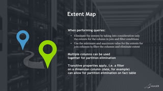 Extent Map
When performing queries:
• Eliminate the extents by taking into consideration only
the extents for the column in join and filter conditions
• Use the minimum and maximum value for the extents for
join columns to filter the columns and eliminate extent
Multiple columns can be used
together for partition elimination
Transitive properties apply, i.e. a filter
on a dimension column (date, for example)
can allow for partition elimination on fact table
 