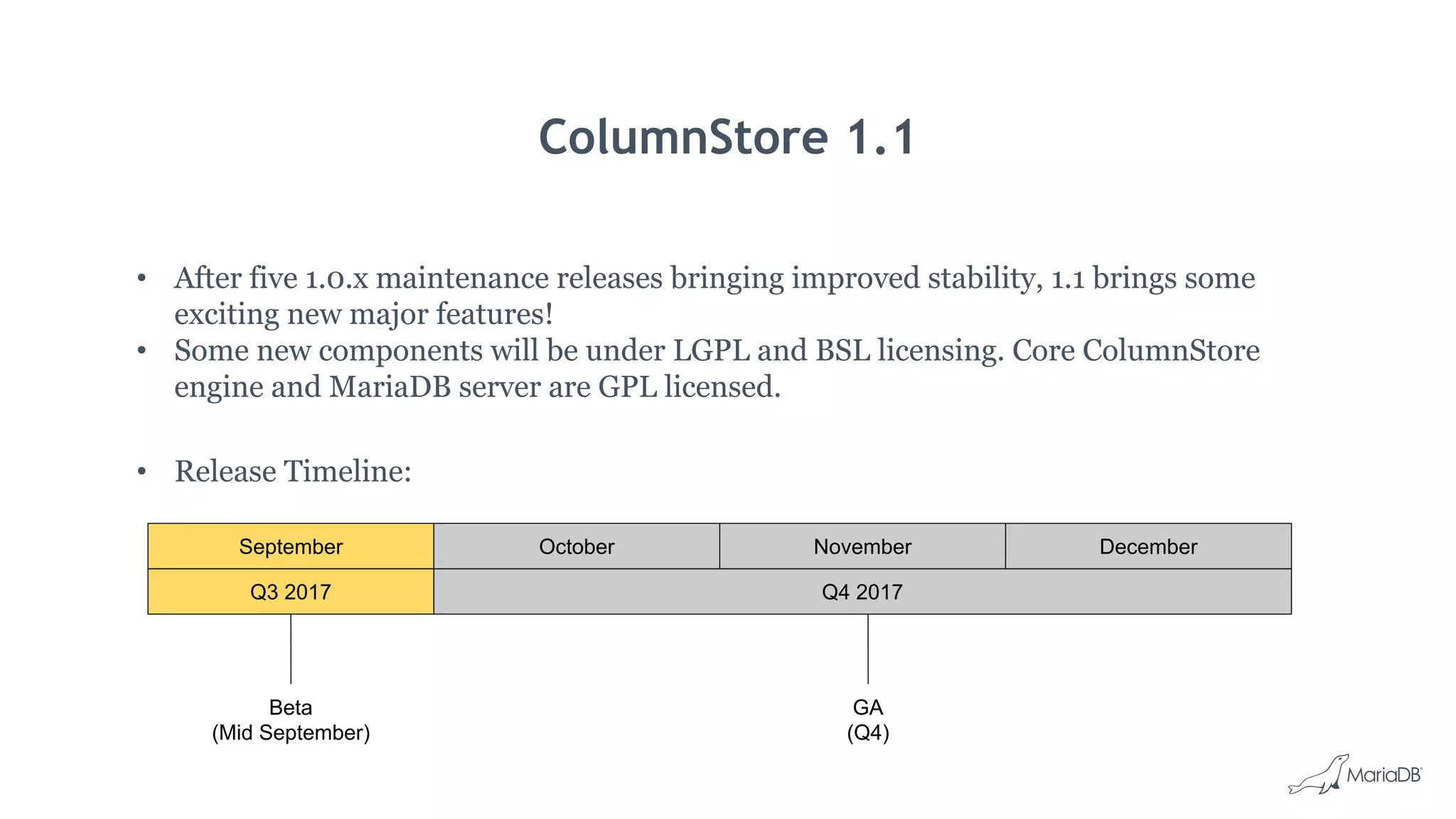 ColumnStore 1.1
• After five 1.0.x maintenance releases bringing improved stability, 1.1 brings some
exciting new major features!
• Some new components will be under LGPL and BSL licensing. Core ColumnStore
engine and MariaDB server are GPL licensed.
• Release Timeline:
Q3 2017 Q4 2017
GA
(Q4)
Beta
(Mid September)
September October November December
 
