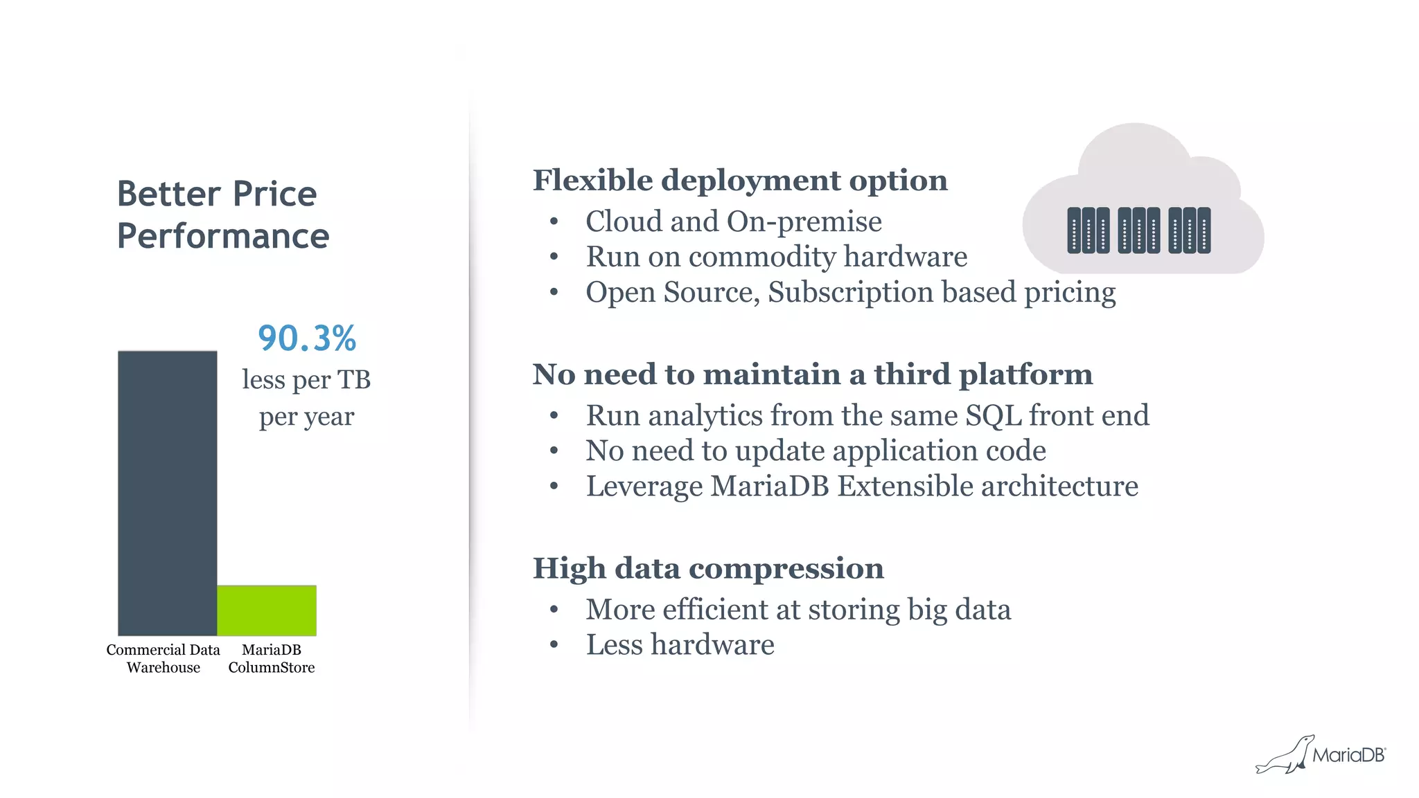 Better Price
Performance
Flexible deployment option
• Cloud and On-premise
• Run on commodity hardware
• Open Source, Subscription based pricing
No need to maintain a third platform
• Run analytics from the same SQL front end
• No need to update application code
• Leverage MariaDB Extensible architecture
High data compression
• More efficient at storing big data
• Less hardware
90.3%
less per TB
per year
Commercial Data
Warehouse
MariaDB
ColumnStore
 