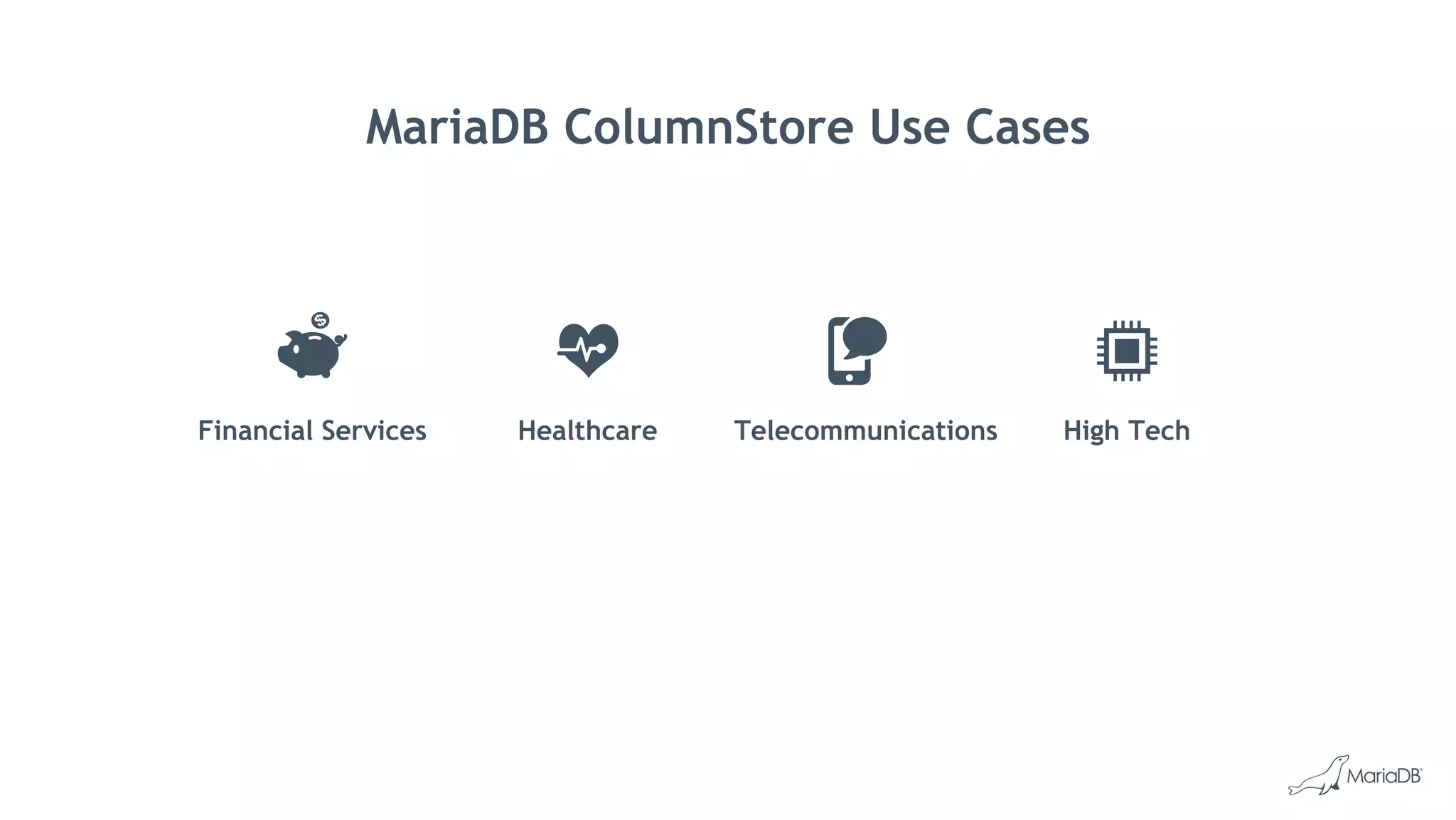 MariaDB ColumnStore Use Cases
Financial Services Healthcare Telecommunications High Tech
 
