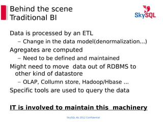 SkySQL Ab 2012 Confidential
Behind the scene
Traditional BI
Data is processed by an ETL
– Change in the data model(denormalization...)
Agregates are computed
– Need to be defined and maintained
Might need to move data out of RDBMS to
other kind of datastore
– OLAP, Collumn store, Hadoop/Hbase ...
Specific tools are used to query the data
IT is involved to maintain this machinery
 