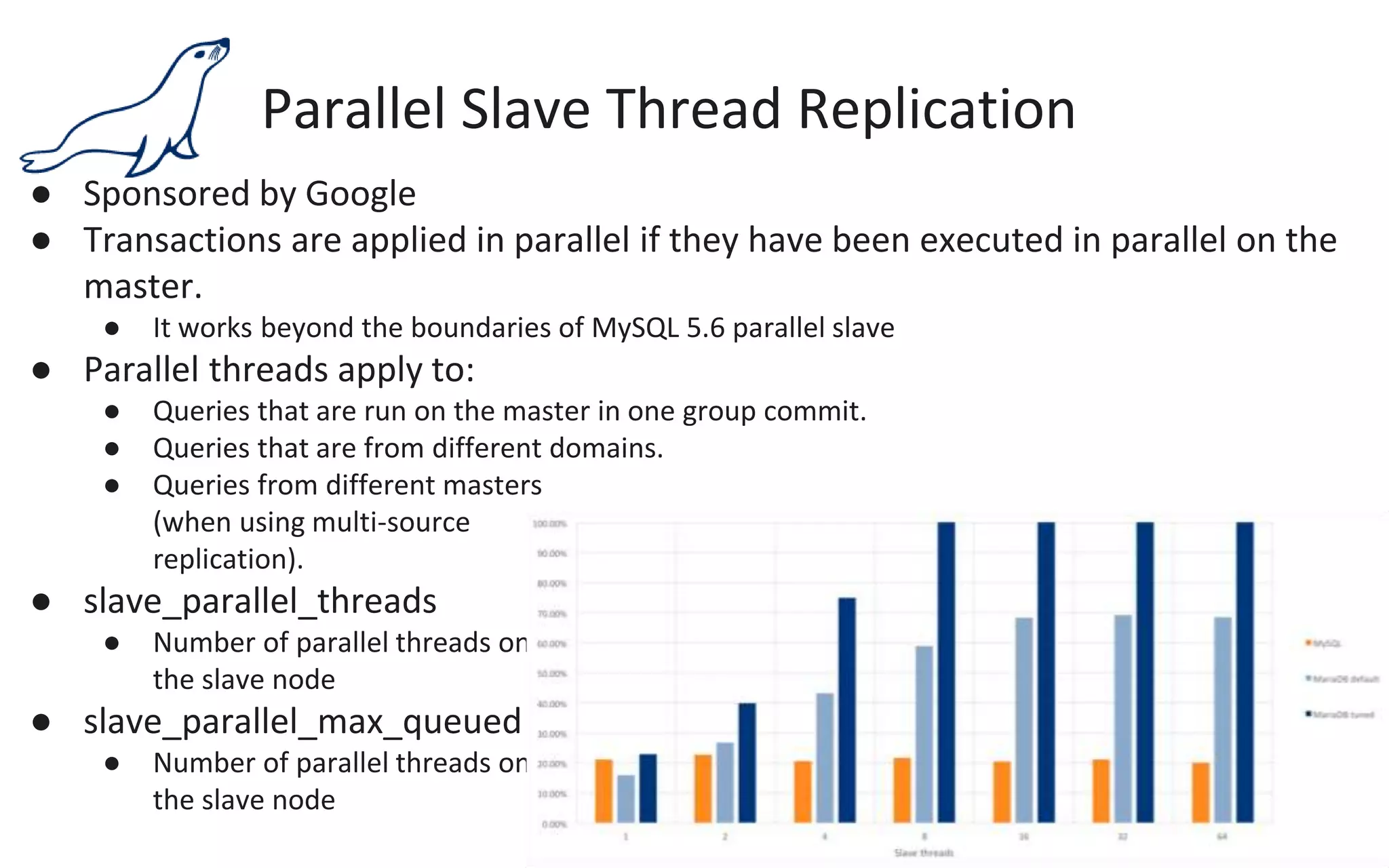 Parallel Slave Thread Replication
● Sponsored by Google
● Transactions are applied in parallel if they have been executed in parallel on the
master.
● It works beyond the boundaries of MySQL 5.6 parallel slave
● Parallel threads apply to:
● Queries that are run on the master in one group commit.
● Queries that are from different domains.
● Queries from different masters
(when using multi-source
replication).
● slave_parallel_threads
● Number of parallel threads on
the slave node
● slave_parallel_max_queued
● Number of parallel threads on
the slave node
 
