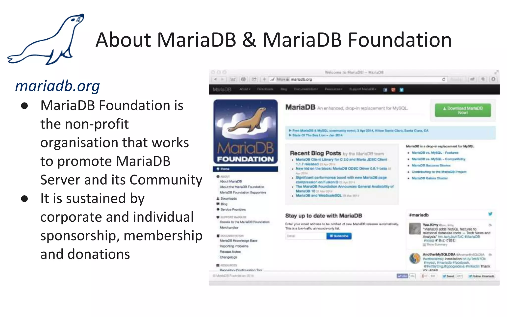 About MariaDB & MariaDB Foundation
mariadb.org
● MariaDB Foundation is
the non-profit
organisation that works
to promote MariaDB
Server and its Community
● It is sustained by
corporate and individual
sponsorship, membership
and donations
 