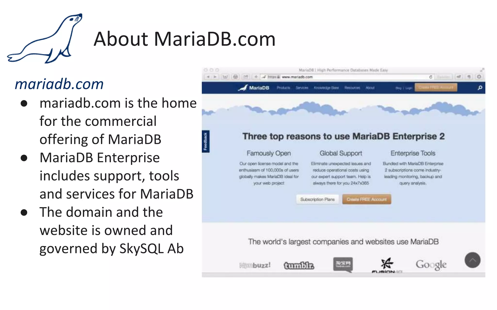 About MariaDB.com
mariadb.com
● mariadb.com is the home
for the commercial
offering of MariaDB
● MariaDB Enterprise
includes support, tools
and services for MariaDB
● The domain and the
website is owned and
governed by SkySQL Ab
 