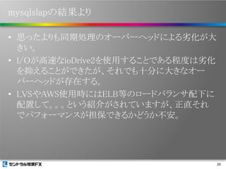 mysqlslapの結果より
• 思ったよりも同期処理のオーバーヘッドによる劣化が大
きい。
• I/Oが高速なioDrive2を使用することである程度は劣化
を抑えることができたが、それでも十分に大きなオー
バーヘッドが存在する。
• LVSやAWS使用時にはELB等のロードバランサ配下に
配置して。。。という紹介がされていますが、正直それ
でパフォーマンスが担保できるかどうか不安。

20

 