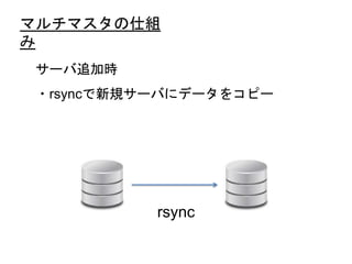 マルチマスタの仕組み
サーバ追加時
・rsyncで新規サーバにデータをコピー
rsync
 