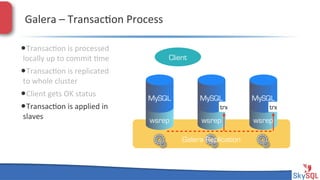 Galera&–&Transac4on&Process&
• Transac4on&is&processed&

locally&up&to&commit&4me&

Client

• Transac4on&is&replicated&
to&whole&cluster&

• Client&gets&OK&status&
• Transac4on&is&applied&in&
slaves&

MySQL

MySQL
trx

wsrep

wsrep
Galera Replication

SkySQL&AB&©&2013&Conﬁden4al&

MySQL
trx

wsrep

 