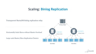 Scaling: Binlog Replication
Large scale Master/Slave Replication Clusters
Transparent MariaDB binlog replication relay
Horizontally Scale Slaves without Master Overload
Secondary
Primary Node
Secondary
Binlog Cache
Binlog Cache
 