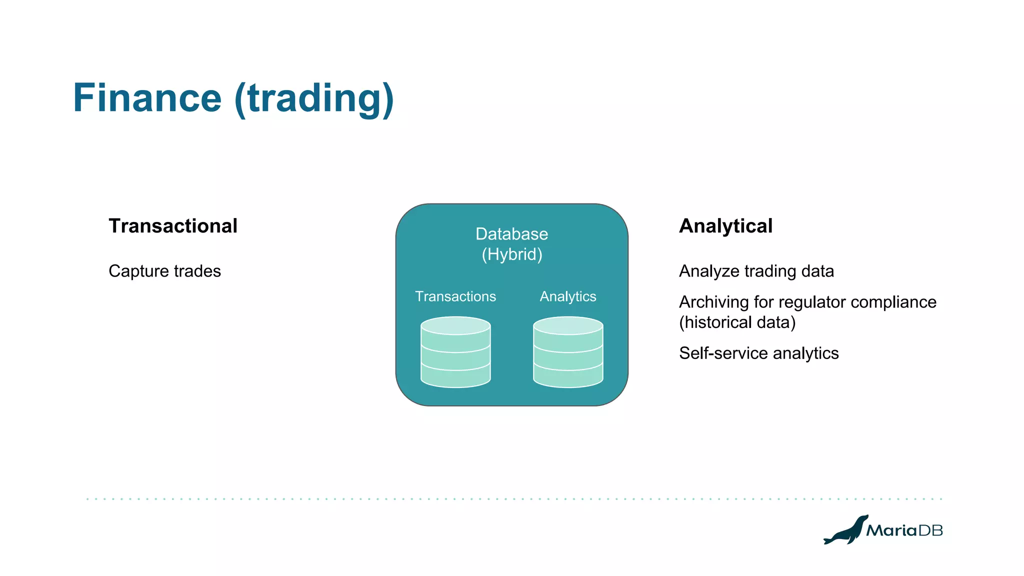 Finance (trading) Database (Hybrid) Transactions Analytics Transactional Capture trades Analytical Analyze trading data Archiving for regulator compliance (historical data) Self-service analytics 