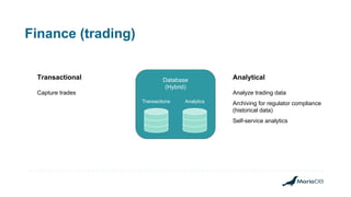 Finance (trading)
Database
(Hybrid)
Transactions Analytics
Transactional
Capture trades
Analytical
Analyze trading data
Archiving for regulator compliance
(historical data)
Self-service analytics
 