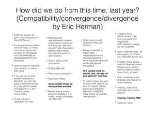How did we do from this time, last year?
(Compatibility/convergence/divergence
by Eric Herman)
• GTID has domain ID
(which is an innovation in
MariaDB Server)
• Knowing scenarios where
one can swap, i.e. when
one has a multi-vendor
strategy, so that people
can experimentally try
WebScaleSQL/Percona
Server/etc.
• using innovation may limit
your options, i.e. how to
step away
• if you use out of order
parallel replication in
MariaDB, you can't go
away to somewhere else.
So if you use innovation
and depend on it, this
must be clearly
documented
• Virtual columns +
replication will work
• Need speciﬁc
documentation between
master/slave protocol on
how they talk, how they
shouldn't talk. Replication
protocol docs needs
improvement (protocol
speciﬁcation).
• Goal is to be syntax
compatible
• SHOW EXPLAIN
• Multi-source replication
• Replication ﬁlters
• slave parallel thread vs
slave parallel workers
• Maybe write a rewrite
plugin for MySQL 5.7 to
make it more compatible
with MariaDB
• What do we do with
regards to RDS and
Aurora?
• Being compatible to
match other
implementations like
SQLite/PostgreSQL?
When doing development
we do test against
PostgreSQL
• 10.0 needed work on
default_tmp_storage_en
gine (and 10.1 has this).
• To make it easier we need
to ensure that options are
easy for people (DBAs)
whom are doing both
MariaDB and MySQL.
Allow simple as possible
conﬁguration
• Importing from
WebScaleSQL? "We
import all good and
reasonable
stuff" (audience breaks
out into laughter)
• super readonly mode - its
everywhere, so it has to
be in MariaDB Server 10.2
• InnoDB - follow MySQL
InnoDB. When innovation
happens (encryption),
then we need to make it
clear how to go back.
• Goal: default optimizer
changes only happen at
major releases.
• missing: crash slave
replication with current
position
• missing: minimal RBR
• Optimizer trace
 