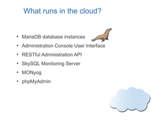 ●
MariaDB database instances
●
Administration Console User Interface
●
RESTful Administration API
●
SkySQL Monitoring Server
●
MONyog
●
phpMyAdmin
What runs in the cloud?
 