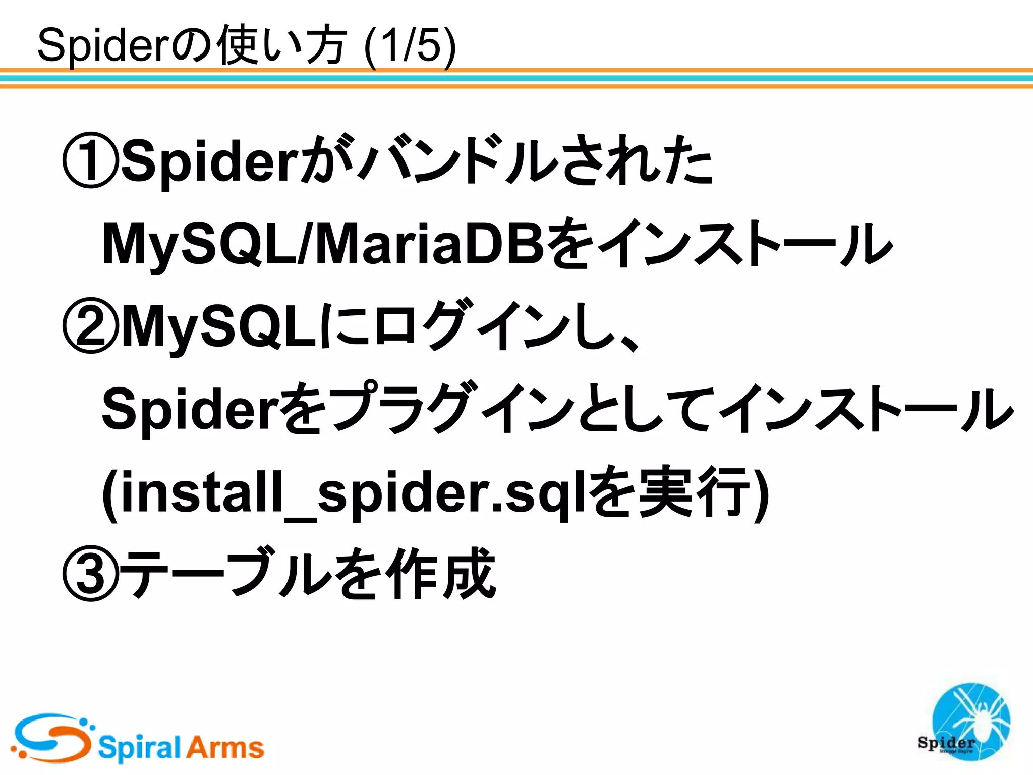 Spiderの使い方 (1/5)

①Spiderがバンドルされた
MySQL/MariaDBをインストール
②MySQLにログインし、
Spiderをプラグインとしてインストール
(install_spider.sqlを実行)
③テーブルを作成

 